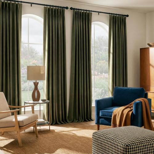 NICETOWN Vintage Olive Dark Green Pinch Pleated Linen Curtains - 40"W x 90"L, Pack of 2