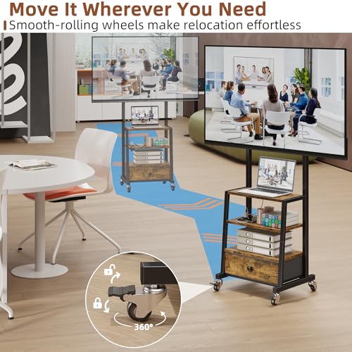 Rolling TV Stand with Wheels & Mount - 15 Inch Rustic Brown with Fabric Drawer - Fits 32-55 Inch TV