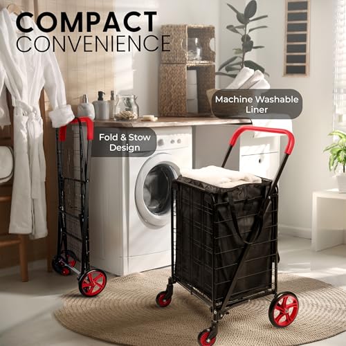 Large Folding Utility Shopping Cart with Removable Liner - Heavy Duty, Red