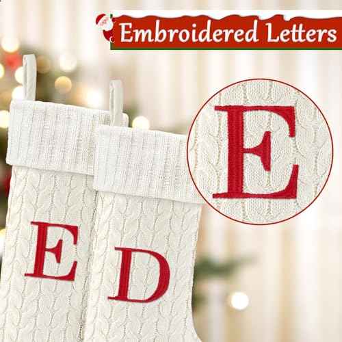 21 Inches Knitted Christmas Stockings with Initials, Large White Custom Monogram Embroidery Christmas Stockings with Letter, Personalized Xmas Decoration for Holiday Family Party-L