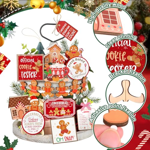 Draupnir 18 Pcs Christmas Tiered Tray Decor Set Winter Tiered Tray Gingerbread Christmas Decorations Farmhouse Tabletop Centerpiece Xmas Wooden 3D Sign Gingerbread Decor for Home Table