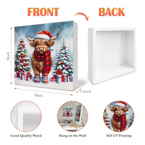 Nvotell Christmas Highland Cow Wooden Sign 5x5in - Western Highland Cow Box Sign, Christmas Cow Lovers Gift (Variation: Christmas Cow 07)