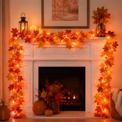 2 Pack Battery Operated Fall Garland with Lights 9.8FT Orange Leaves & 8 Lighting Modes