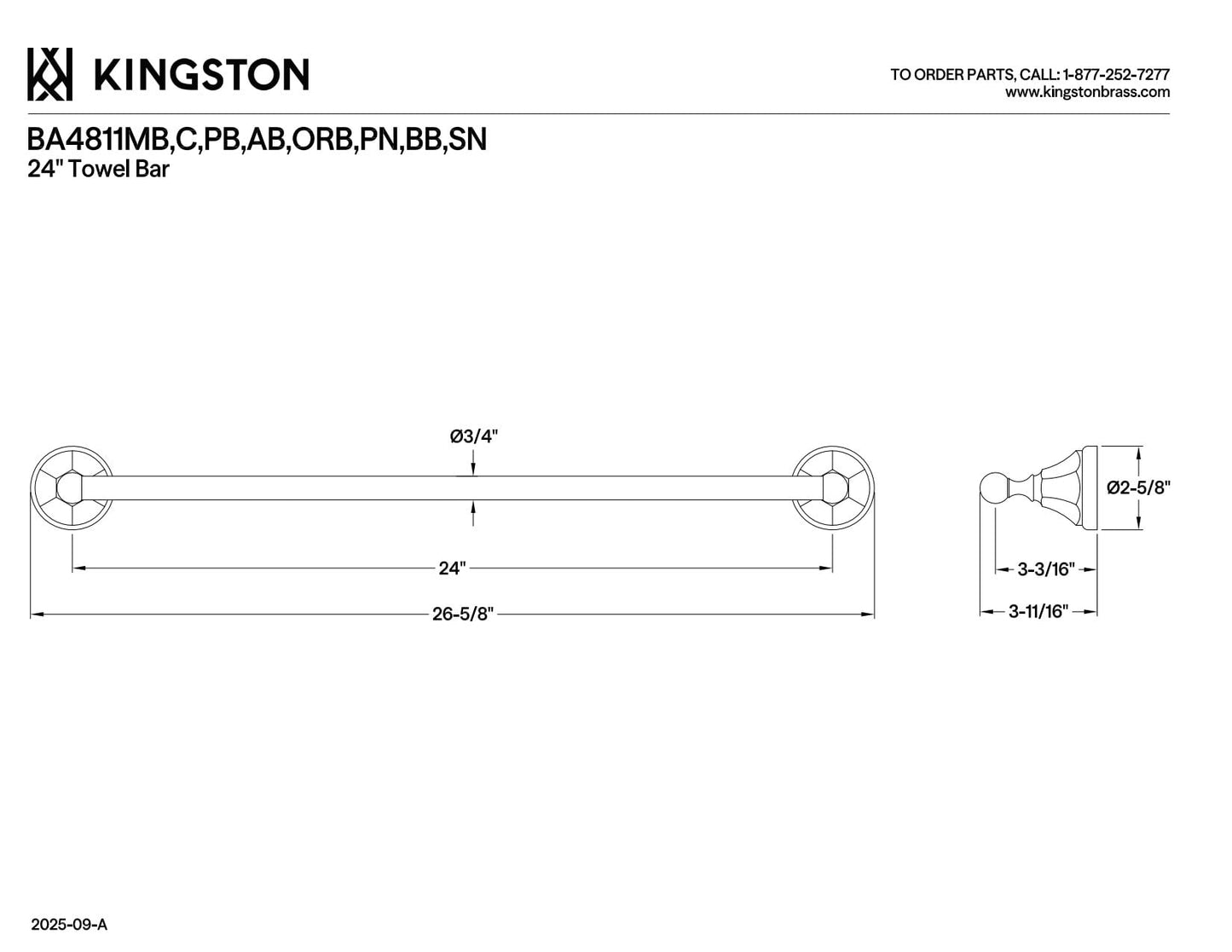 Kingston Brass BA4811SN Metropolitan Towel-Bar, 24-Inch, Brushed Nickel