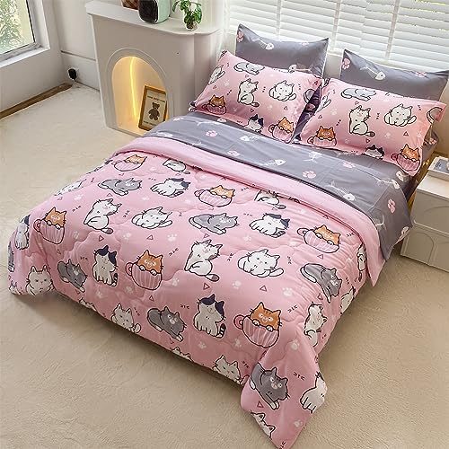 7 Piece Girls Cats Bedding Comforter Set Twin Size for Kids Bed in A