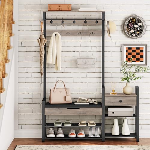 Hall Tree with Bench and Storage - Greige & Black Entryway Organizer