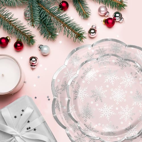 LeZakaa 25Pcs Christmas Paper Plates - Snowflake in Pink Silver Foil Winter Holiday Design Disposable Party Plates Decorative Tableware Supplies Table Decor for Christmas - 7 Inch