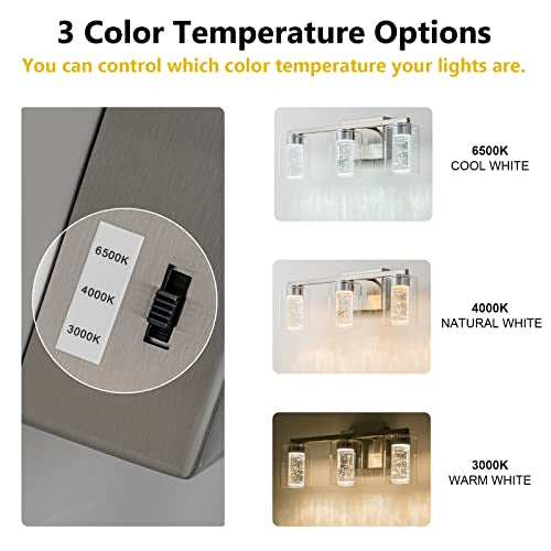 SineRise 3-Light Vanity Light Brushed Nickel with 3 Color Modes, Dimmable LED Bathroom Fixture