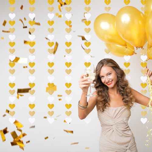 White-Gold Champagne Party-Decorations Heart Streamers Garland 52ft Hanging Streamers Banner Christmas Engagement Hanging Decoration Streamer Banner for Anniversary Wedding Birthday Bachelorette