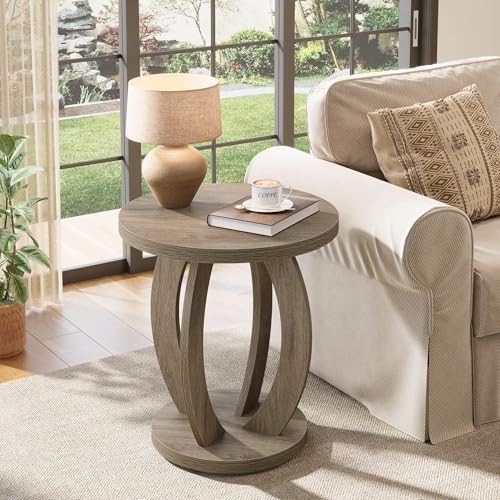 Round End Table with Storage - Rustic Grey Side Table, MDF, 23.6 Inch
