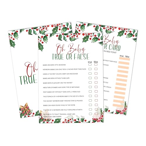 Christmas Baby Shower Games Cards Set - Red, Green & White, 25 Fun Party Games for Gender Reveal & Holiday Celebration