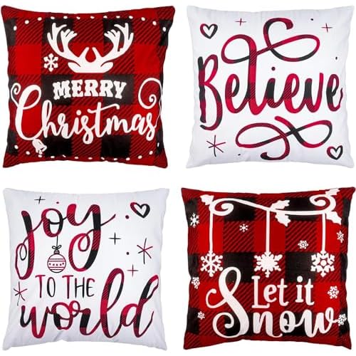 Christmas Pillow Covers 18x18 Set of 4 Winter Throw Pillow Covers Holiday Buffalo Plaid Pillow Covers Merry Christmas Pillows for Couch Sofa Home Decor Xmas Cushion Covers Indoor Decor Thicker