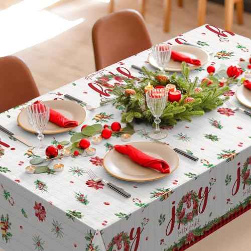 3Pcs Christmas Plastic Tablecloths, Disposable Rectangle Holly Garland Table Covers Joy to The World Poinsettias and Holly Berry Table Cloth for Xmas Winter Party Decorations and Supplies,54x108inch