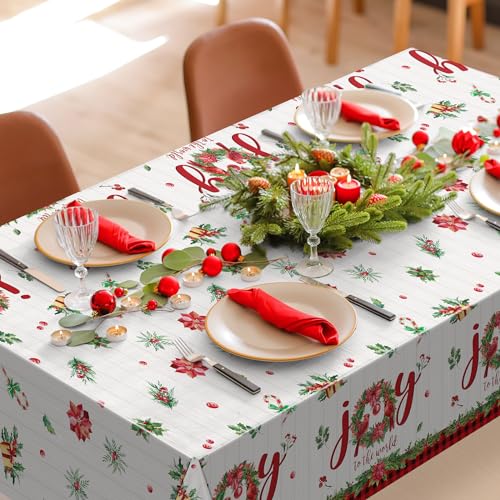3Pcs Christmas Tablecloths Red White 54x108in Disposable Holly Berry Joy to the World