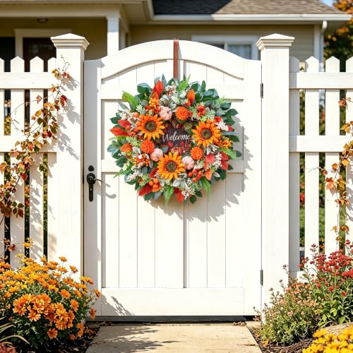 24In Fall Wreaths for Front Door, Welcome Sunflower Pumpkin Autumn