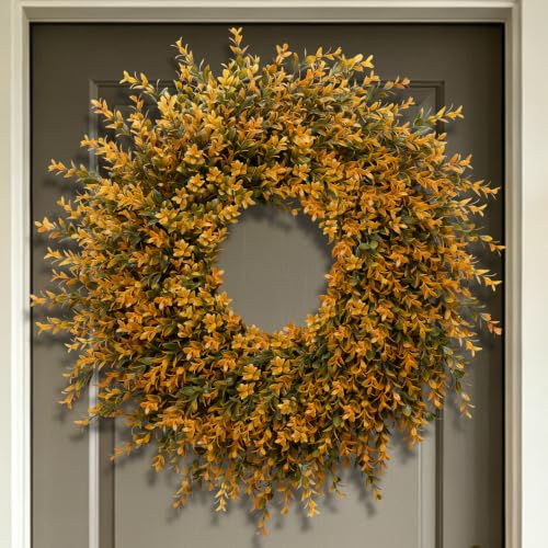 28 Inch Large Full Boxwood Wreath for Front Door Porch Window - Orange - Fall Decor