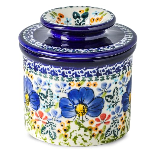 Blue Lily Ceramic Butter Crock with Lid - French Style Countertop Butter Keeper