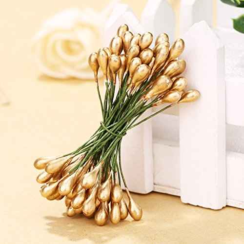 Shappy 400 Pieces Elliptical Artificial Holly Berries on Wire for Christmas Decoration and Floral Arrangement (Red and Gold)