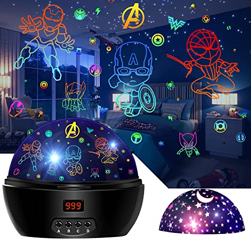 MOKOQI Kid Superhero Night Light Projector with Black Frame, Star & superhero film options