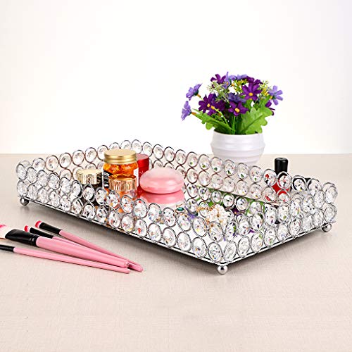 Hipiwe Crystal Mirror Perfume Tray Large Silver 13.8" x 7.9" Vanity Organizer