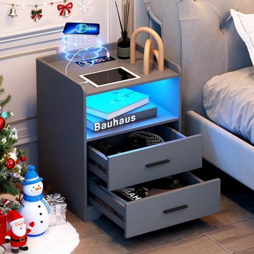 RGB Nightstand with Charging Station - Grey, 3 Layers, Smart Bedside Table