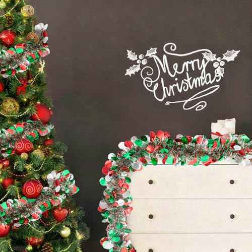 20FT/6M Christmas Tinsel Garland, Red Green Silver Metallic Twist Foil Tinsel Garland Shiny Christmas Hanging Decoration for Xmas Tree Decoration Wedding Party Supplies