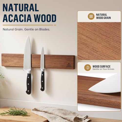 Brown 16-Inch Acacia Wood Magnetic Knife Holder with 4 Hooks - Wall Mount