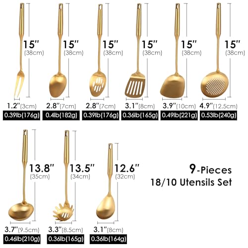 Gold Kitchen Utensils Set of 9 - 15 Inch All Metal Cooking Tools - Variation of 9-Pieces