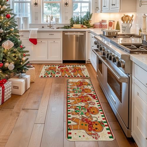Artoid Mode Gingerbread Candy Cane Christmas Kitchen Mats Set of 2 - 17x29 & 17x47 Inches, Beige Seasonal Rugs for Home Decor
