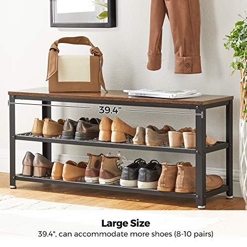 VASAGLE Rustic Brown 3-Tier Shoe Rack & Storage Bench, 39.4" W x 17.7" H