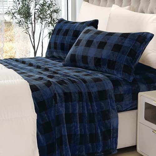 Elegant Comfort Buffalo Blue Queen Velvet Flannel Sheet Set - Soft Warm Cozy Bedding