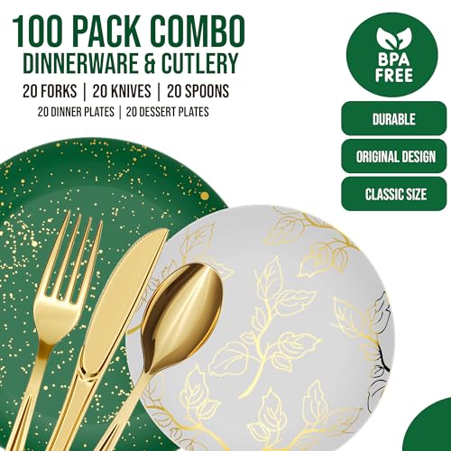 Trendables Disposable Christmas Plates Set 100 Pcs with Cutlery - Holiday Dinnerware