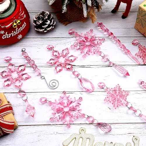 FEBSNOW Christmas Tree Ornaments, 16pcs Light Pink Acrylic Snowflake Ornaments Christmas Hanging Decorations Icicle Snowflake Pendants for Christmas Tree Frozen Themed Winter Wonderland Party Decor