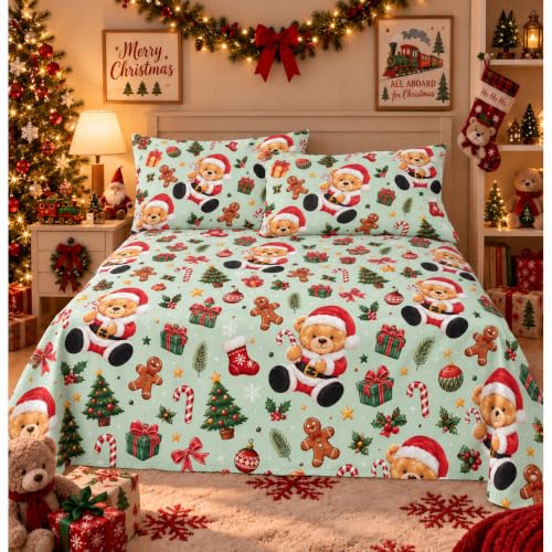 YIYEA Twin Kids Christmas Cotton Sheet Set 100% Cotton, 16" Deep Pocket, 3-Piece - Variation Sm2695