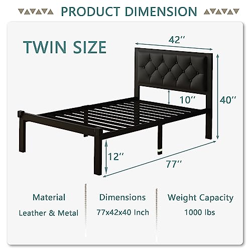 Twin Size Metal Bed Frame with Faux Leather Headboard - Black