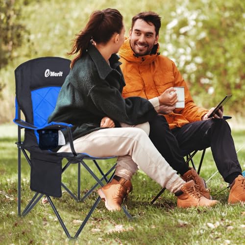 EMERIT 2-Pack Blue Folding Camping Chairs with Diamond-Quilted & Adjustable Armrests - Heavy Duty, Oversized, Ergonomic 18.5" Seat Height