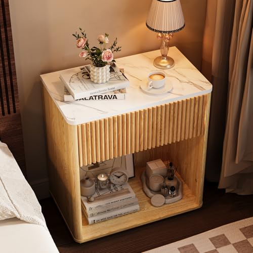Oak Fluted Nightstand Set of 2 with Marble Top & Drawer - Modern Bedside Tables