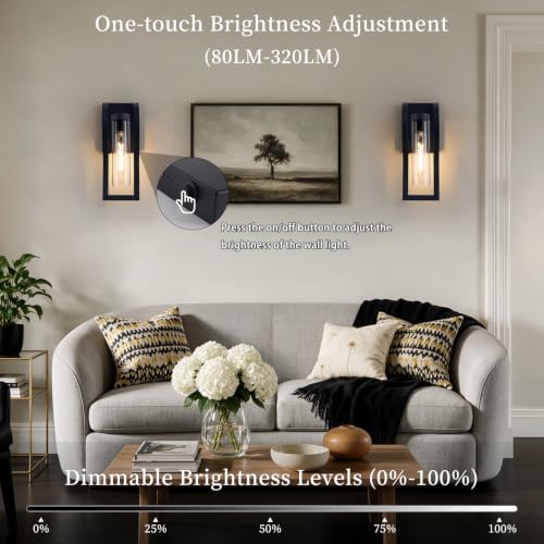 Black Battery Operated Wall Sconces Set of 2 - Modern Dimmable Wall Lights with Remote and 3 Color Temperatures