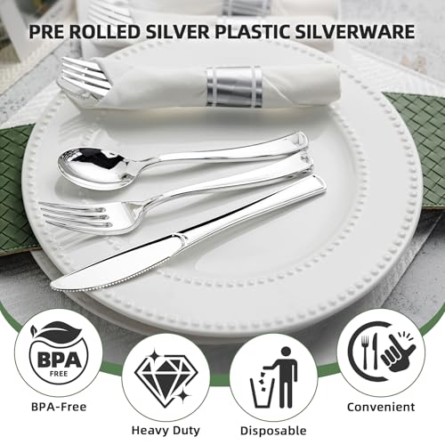 400-Piece Silver Disposable Cutlery Set with Napkins - Heavy Duty & Pre-Rolled for Parties