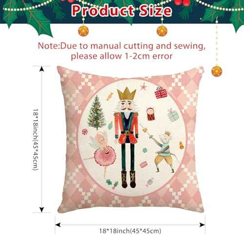 Christmas Pillow Covers 18x18 Inch Set of 4, Nutcracker Pink Hello Winter Let It Snow Christmas Tree Winter Holiday Decor Throw Cushion Case for Home Couch