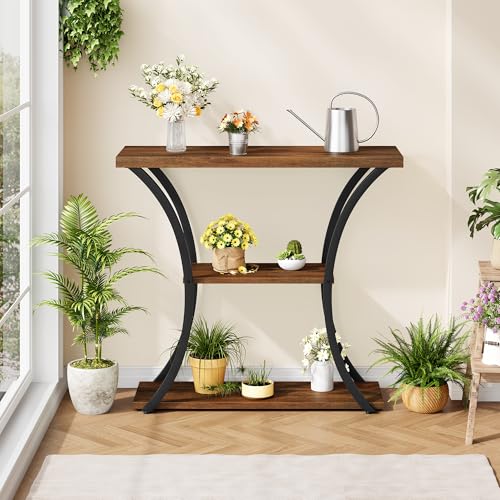 Hoctieon Rustic Brown Black 3-Tier Console Table with Open Shelves, Entryway & Sofa Table