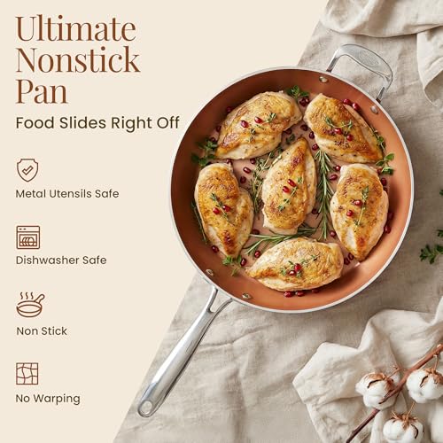14 Inch Nonstick Frying Pan with Lid - Copper Hammered Ceramic Coating, Oven & Dishwasher Safe