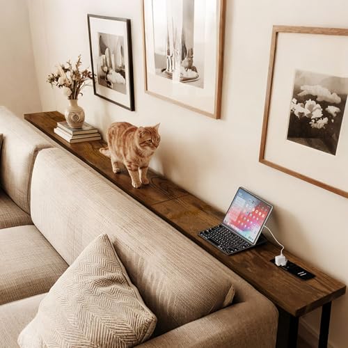 Narrow Sofa Console Table with Charging Station - Rustic Brown 90IN