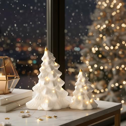 WDS WONDROUS Ceramic Christmas Tree Set of 2 White & Gold 5.1x3.1x6.2in Holiday Decor