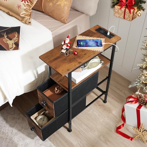 HOOBRO Rustic Brown & Black Narrow End Table with Charging Station - 7.8"L x 18.9"W x 23.6"H, 2 Drawers, Slim Nightstand for Small Spaces