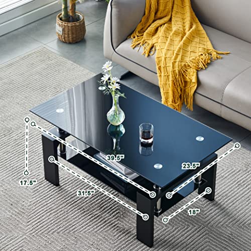 Black Living Room Coffee Table with Wooden Legs and Glass Top - 39.5 x 23.5 x 17.5 in