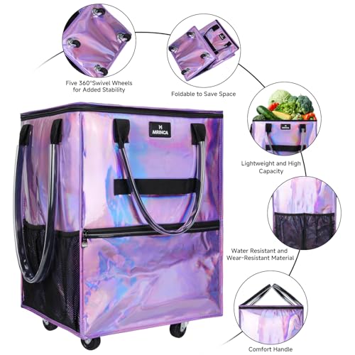 MRINCA Gradient Purple 70L Foldable Rolling Grocery Bag on Wheels with 6 Pockets