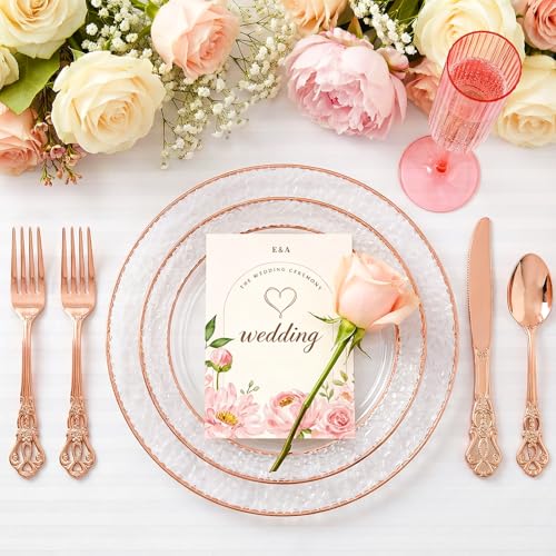 102PCS Rose Gold Plastic Plates Elegant Hammered for Weddings