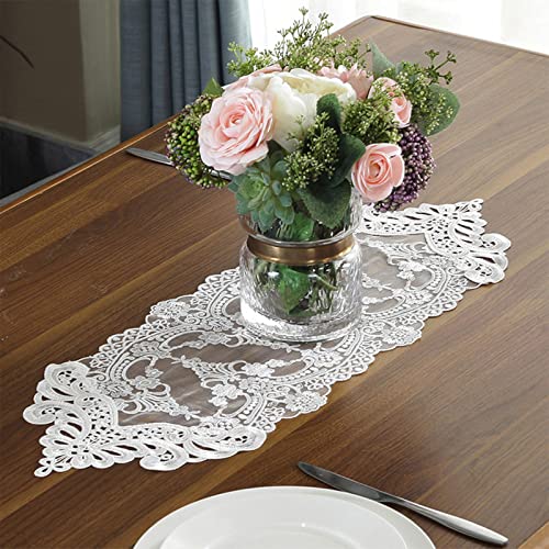Jeloris White Lace Table Runner Dresser Scarf Macrame Floral Embroidered 12x82 in