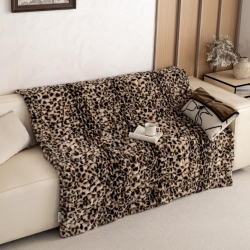 Leopard Print Faux Rabbit Fur Throw Blanket - Medium 50x60 Inches